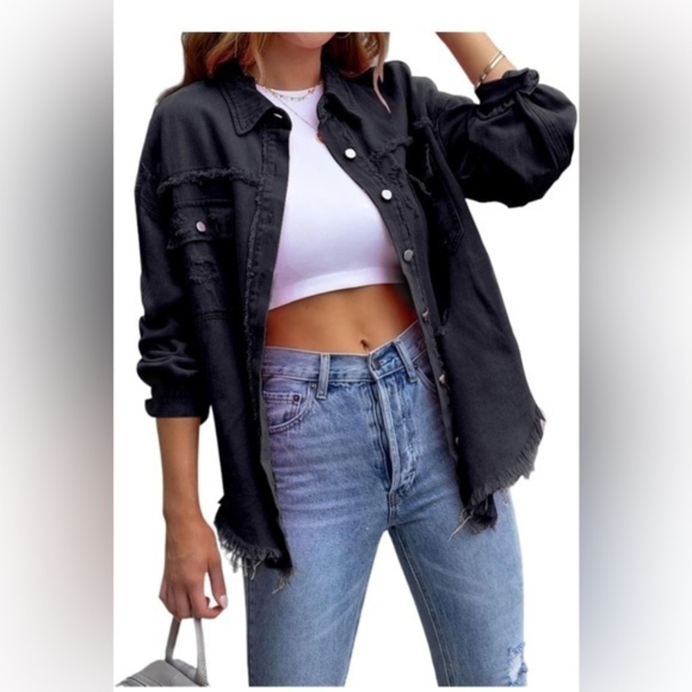 Black Jean Denim Women's Jacket Lapel Frayed Hem Shacket Distress Loose Ripped M